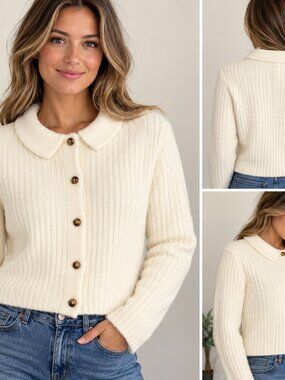 Art Class Women's Cream Ribbed Knit Button-Front Cardigan – Size XL (14/16)